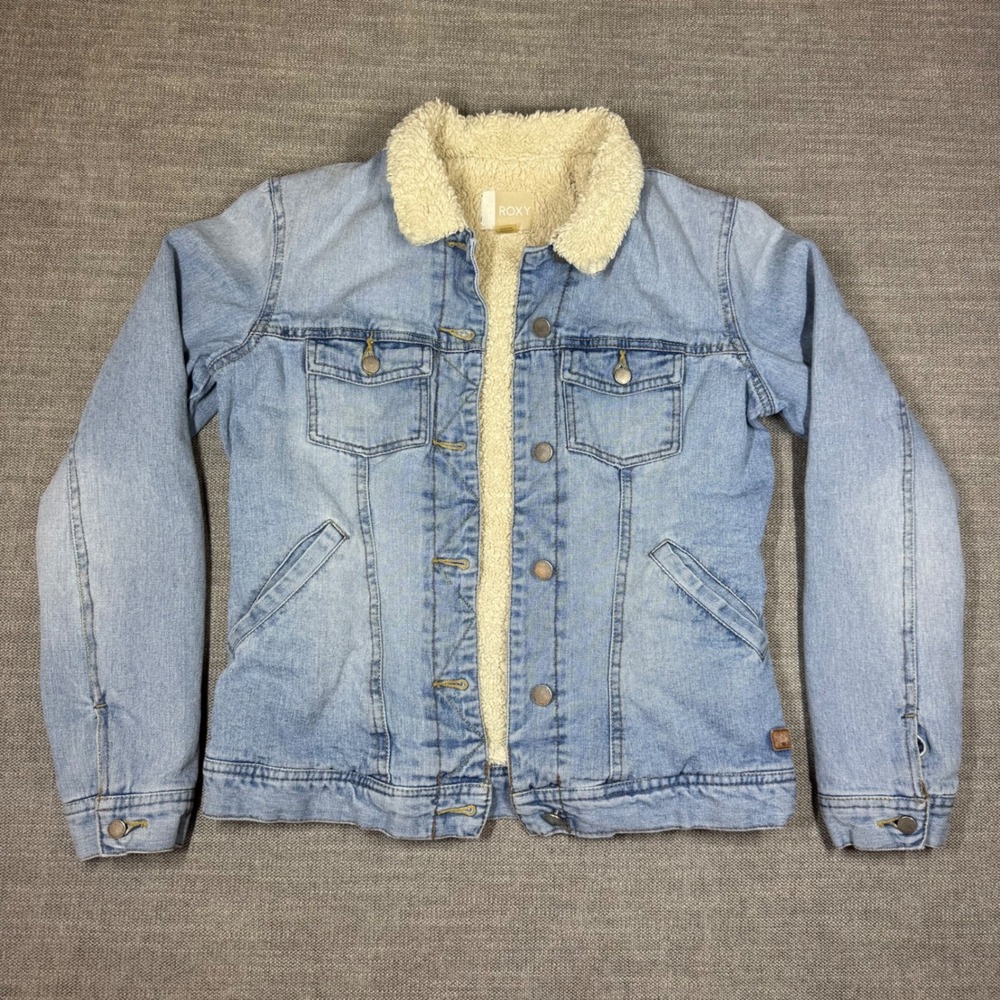 Y2K Aesthetic Roxy Denim Jacket Sherpa Lined Trucker Jacket Womens Size Small